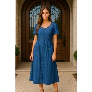 Vintage Erika Denim Maxi Dress Floral Embroidery Cottagecore V Neck Prairie Boho